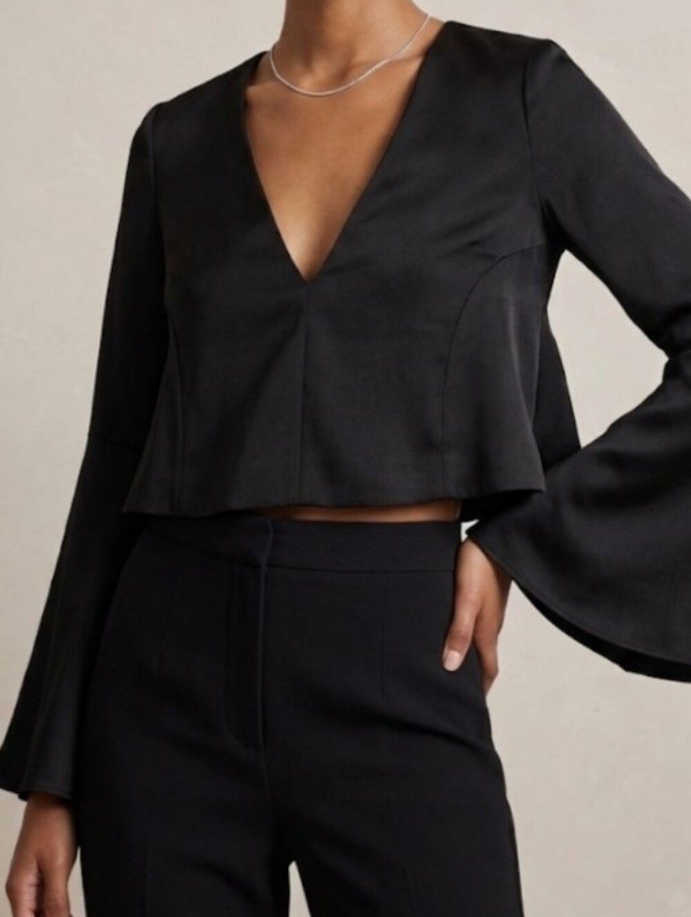 Keepsake Black V-Neck Flare Sleeve Crop Top - Size Small - SAMPLE
